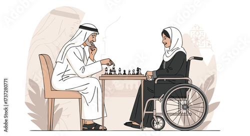 Middle Eastern People Playing Chess in Wheelchair Inclusive Society Strategy and Leisure Concept