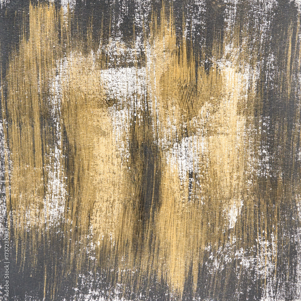 Obraz premium Abstract gold and black brushstroke texture painting with white accents on canvas.