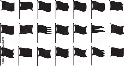 Black Flag Silhouettes Vector Collection: Waving and Tattered Flag Banner Icons Diverse Set of Flagpole Templates and Blank Pennant Graphics for Design Mockups