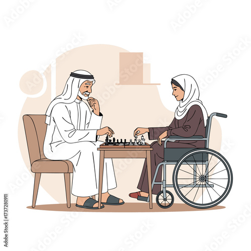 Elderly Arab Man and Woman in Wheelchair Playing Chess in a Cozy Room Mental Stimulation Inclusion Arabic Culture