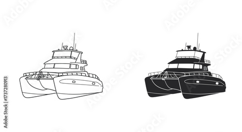 Detailed outline of a catamaran boat shown in two variations