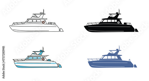 Four variations of a fishing boat design in different colors