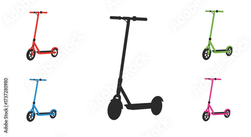 Colorful electric scooters in a variety of designs and shades displayed