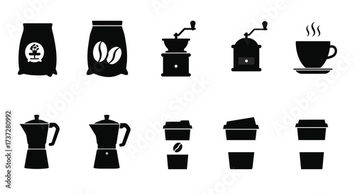 Black silhouettes depicting coffee beans brewing methods and served drinks