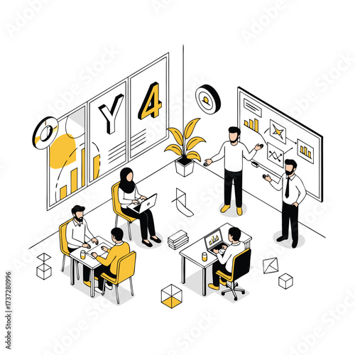 Diverse Team Collaborating on Business Strategy in Modern Office Isometric Illustration