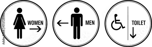 Restroom Signage Set Men, Women, and Accessibility Icons in Circular Black and White Style