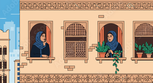 Two Middle Eastern Women Wearing Hijabs Gazing Out Windows of Traditional Arab Architecture Conceptual Illustration