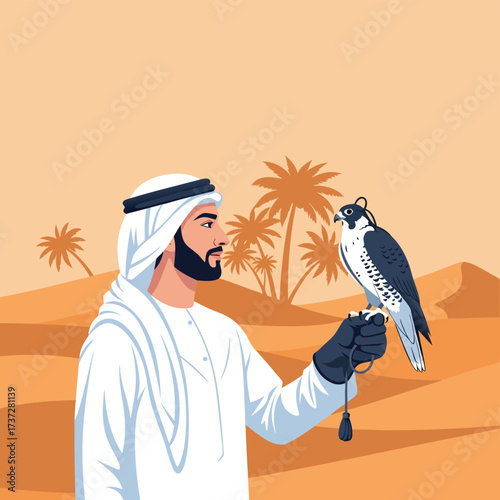 Man Wearing Traditional Kandura Holding a Falcon in the Desert with Palm Trees Middle Eastern Culture and Heritage Concept