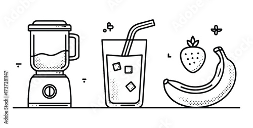Healthy Smoothie Recipe with Blender Strawberry Banana and Refreshing Drink Black and White Illustration