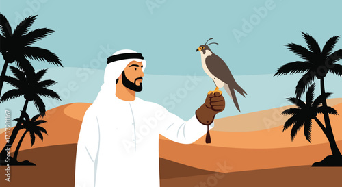 Proud Arab Man in Traditional Dishdasha with Falcon on Hand Desert Landscape Background Vector Illustration for Heritage and Culture