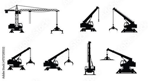 Silhouettes of various industrial cranes and lifting machinery in a monochrome style
