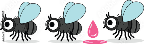 Cartoon flies with big eyes and blue wings near pink droplet, insect behavior, sweet liquid attraction, isolated white background
