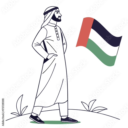 Proud Emirati Man in Traditional Kandura Stands Tall with UAE Flag Waving Celebrating National Pride and Heritage