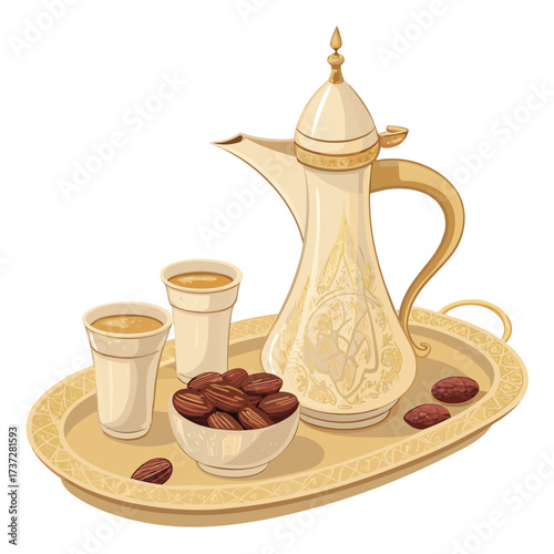 Traditional Arabic Coffee Set Dallah Dates and Nuts on Elegant Tray Cultural Hospitality Illustration