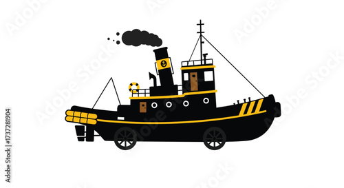 Simple illustration of a black tugboat with a yellow hull and smokestack