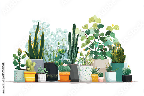 Indoor plant collection in various decorative pots creating a green vibrant and peaceful atmosphere showcasing different varieties of plants
