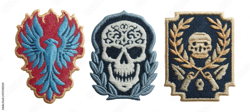 Fototapeta premium Colorful Embroidered Patches Featuring Skull and Phoenix Designs on Isolated Background