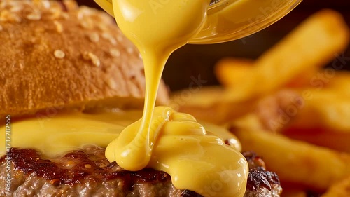 Smooth melted cheese pouring over juicy hamburger with fries