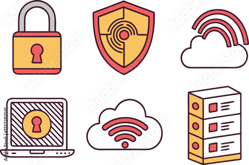 Digital Security and Connectivity Icons: Lock, Shield, Cloud, Laptop, Server vector Illustration