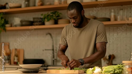 African adult male preparing fresh salad in modern kitchen environment