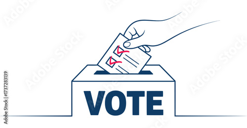 Illustration of hand casting ballot into voting box with red checkmarks and bold "VOTE" text, symbolizing civic duty and democratic choice