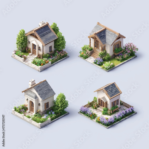 Isometric Cute Houses with Blooming Gardens and Charming Architecture Depicting Peaceful Neighborhoods and Serene Living