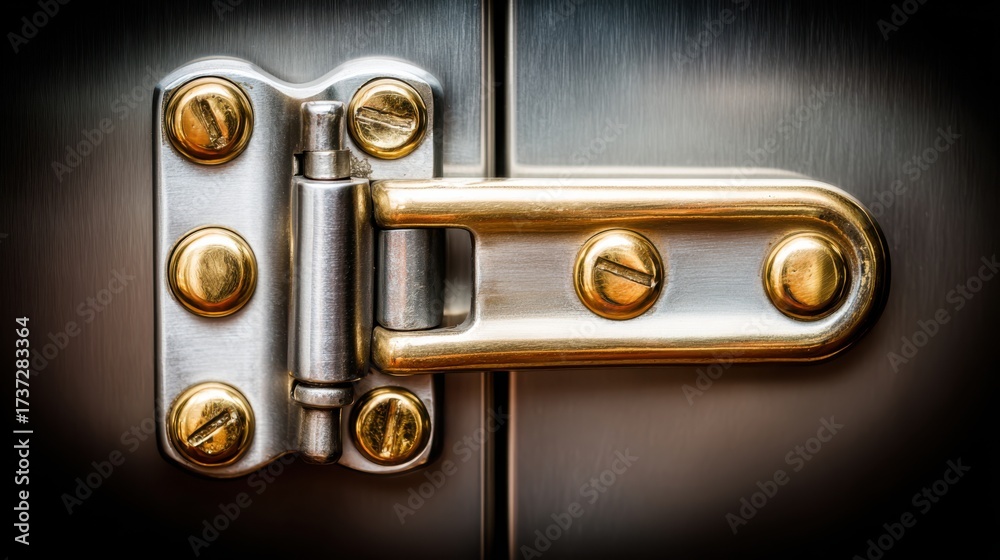 Fototapeta premium Close-Up of a Metallic Door Hinge with Gold and Silver Finish, Highlighting Detailed Workmanship and Robust Design Elements