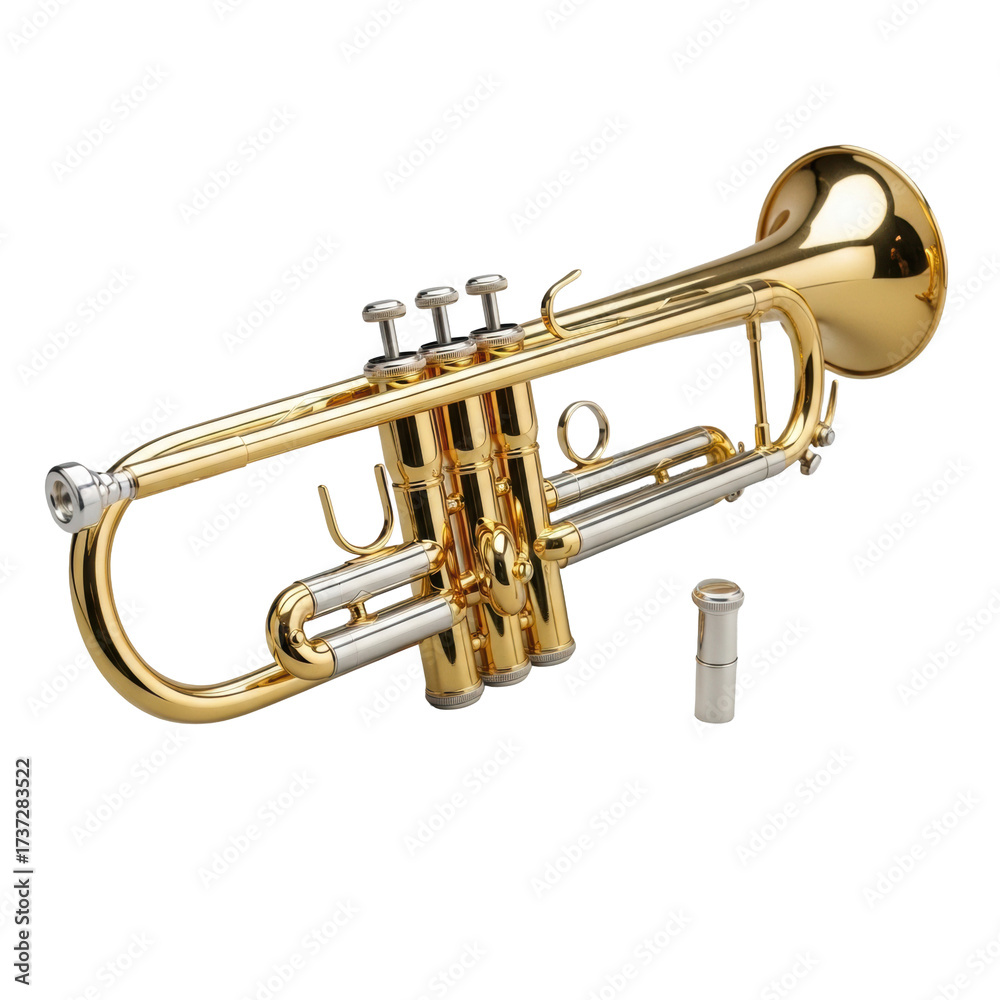 Obraz premium Classic brass trumpet with golden finish, three silver valves, separate valve cap, isolated on seamless transparent studio background, no shadows Concept of luxury musical craftsmanship