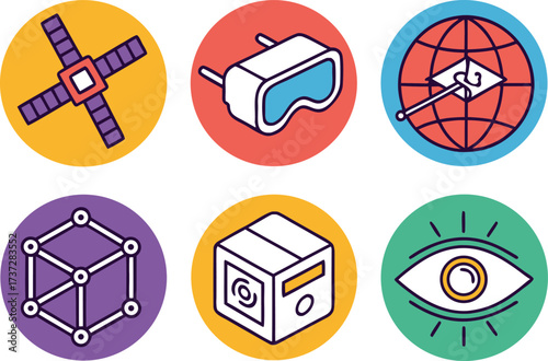 Futuristic Technology Icons: Satellite, VR, Globe, Cube, Box, and Eye vector Illustration