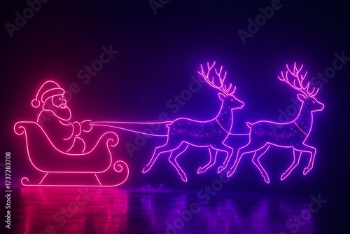 Neon santa sleigh pulled by reindeer glowing festive christmas holiday scene