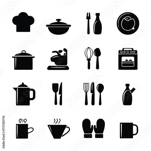 Kitchen Utensils and Cooking Tools Vector Icon Set for Culinary Designs and Presentations