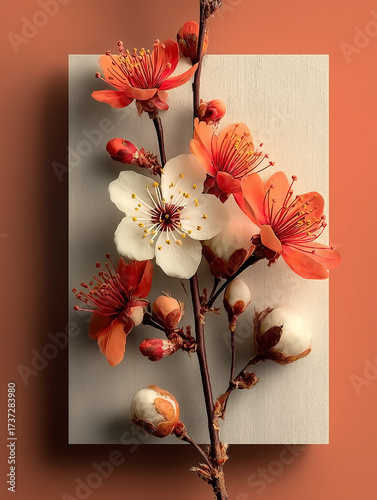 A white and orange flower arrangement is displayed on a white background. The flowers are arranged in a way that they appear to be growing out of a white frame. Scene is one of elegance