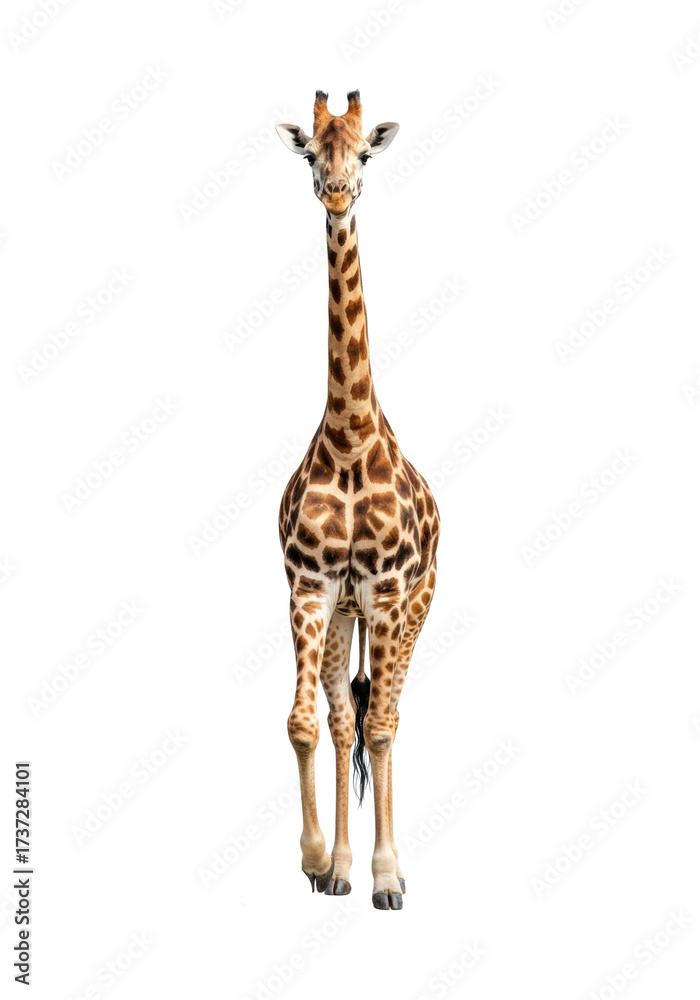 Obraz premium Adult giraffe, full body, brown and tan spotted coat, majestic posture, isolated on a seamless pure transparent background with a river stone, high-key studio lighting, concept of minimalist elegance