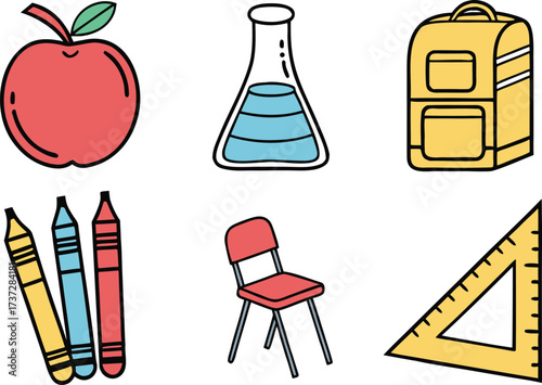 School Supplies: Apple, Flask, Backpack, Crayons, Chair, and Ruler vector Illustration