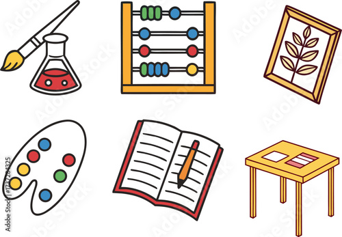 School Supplies Icons: Paintbrush, Abacus, Art, Book, Desk, and Science Flask vector Illustration