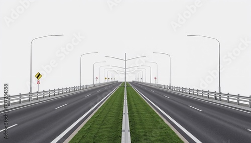 Long straight highway bridge extends into a bright foggy distance