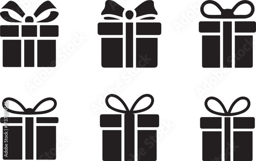 Six black gift box icons with bows on white background present symbol