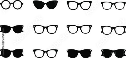 Set of Black Glasses, Round, Cat Eye, Rectangular Frames on Transparent Background