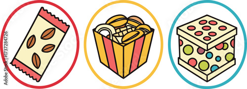 Three circular icons featuring a snack bar, a box of snacks, and a gift box vector Illustration