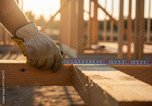 Construction Worker Measuring Wood with Ruler at Building Site. Carpenter Measuring Lumber, Homebuilding, Measuring Tape.