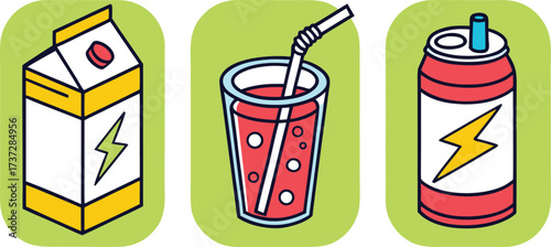 Three stylized icons of energy drinks: carton, glass with straw, and can vector Illustration