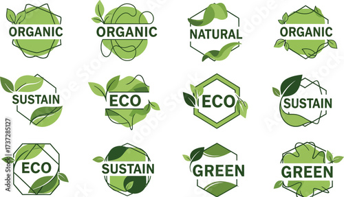 Set of Eco Friendly Badge Design with Geometric Frames and Green Leaf Accents