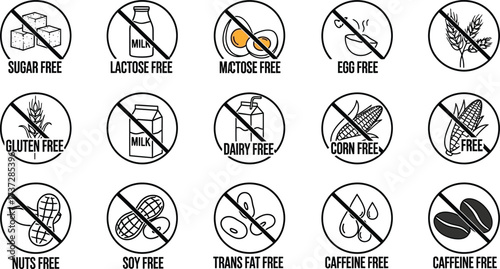 Set of Line Art Allergen Free Icons on White Background, Diet Restriction Food List