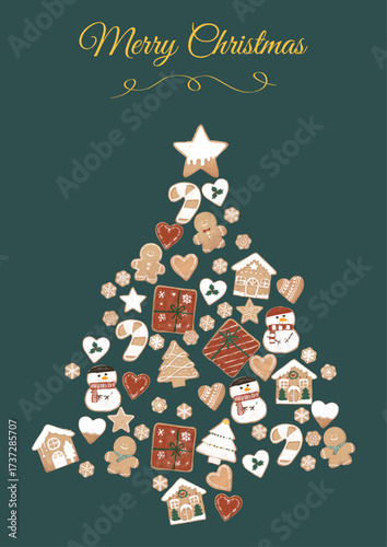 Chic Christmas cookie tree background, stylish holiday illustration with icing cookies on moss green background