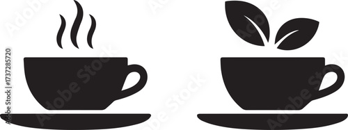 Two black silhouette cups on saucers one with steam one with leaves coffee beverage