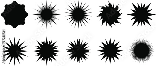 Set of Ten Black Burst Shapes on White Background, Star Shapes, Sun Shapes, Explosion Shapes