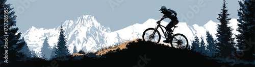 Mountain biker silhouette riding on hilltop with snowy mountains and forest landscape adventure cycling challenge