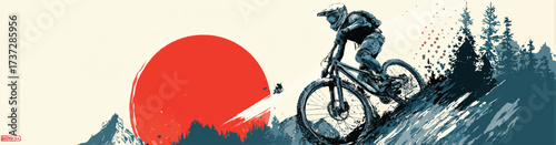 Mountain biker silhouetted against a vibrant sun extreme sports and adventure in nature illustration graphic