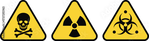 Set of Warning Signs, Danger Skull & Crossbones, Radioactive, Biohazard On White