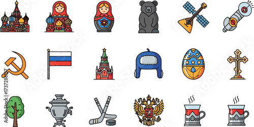 Cute Cartoon Outline Russian Culture Traditional Symbol Element Icon Set